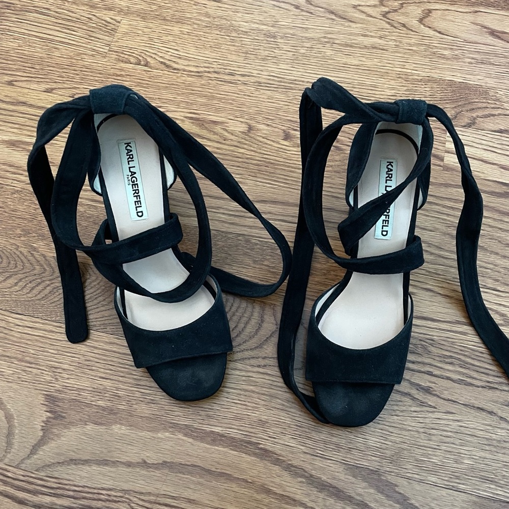 Karl Lagerfeld tie up black suede heels